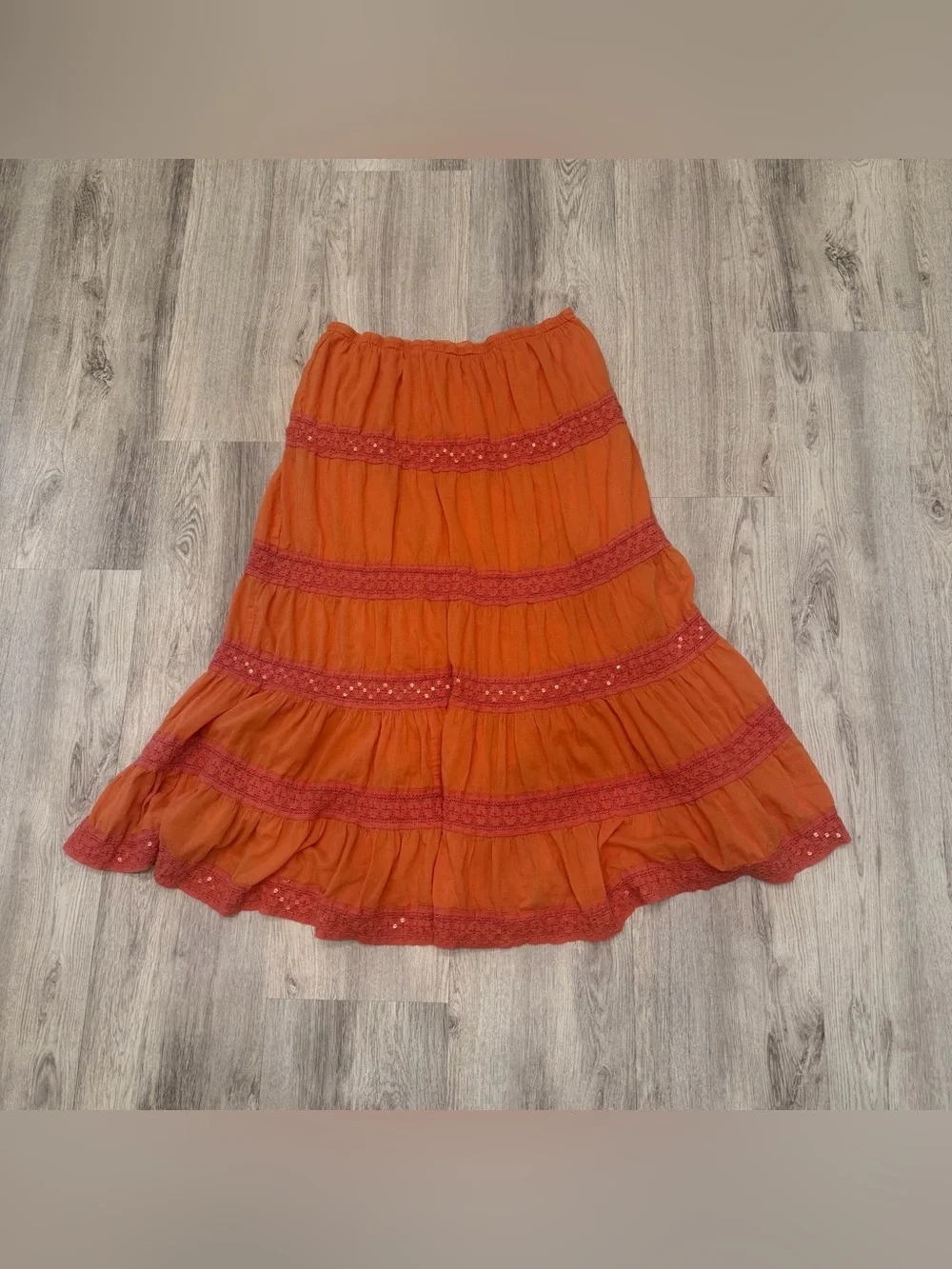 Cato Burnt Orange Tiered Boho Maxi Skirt Medium Lined Cotton